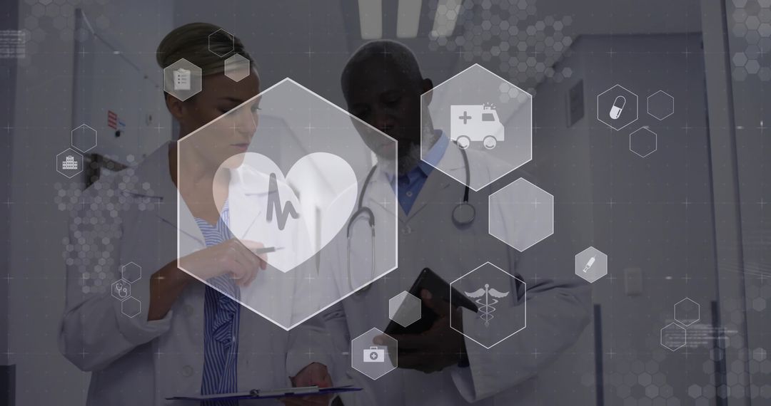 Doctors Analyzing Medical Data with Healthcare Technology Interface