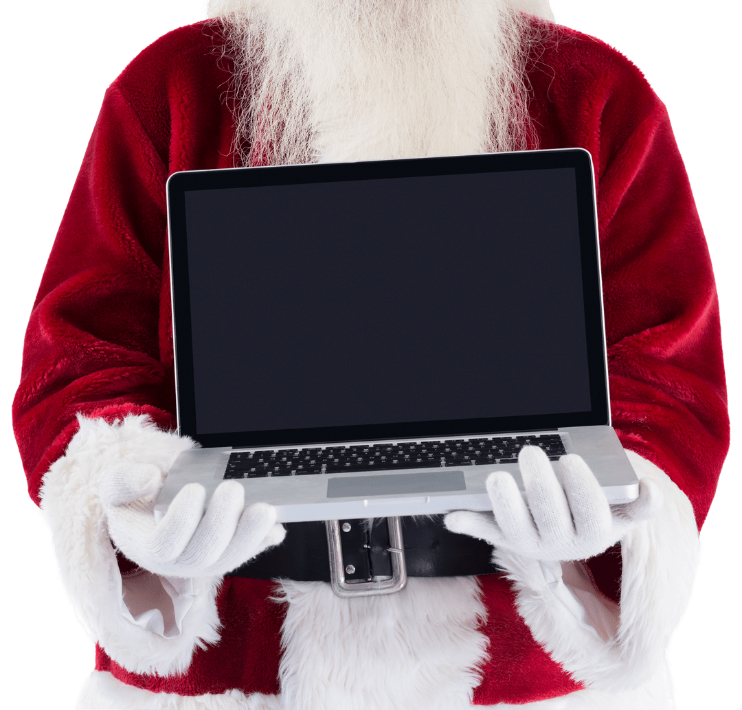 Festive Santa Claus Holding Transparent Laptop Screen