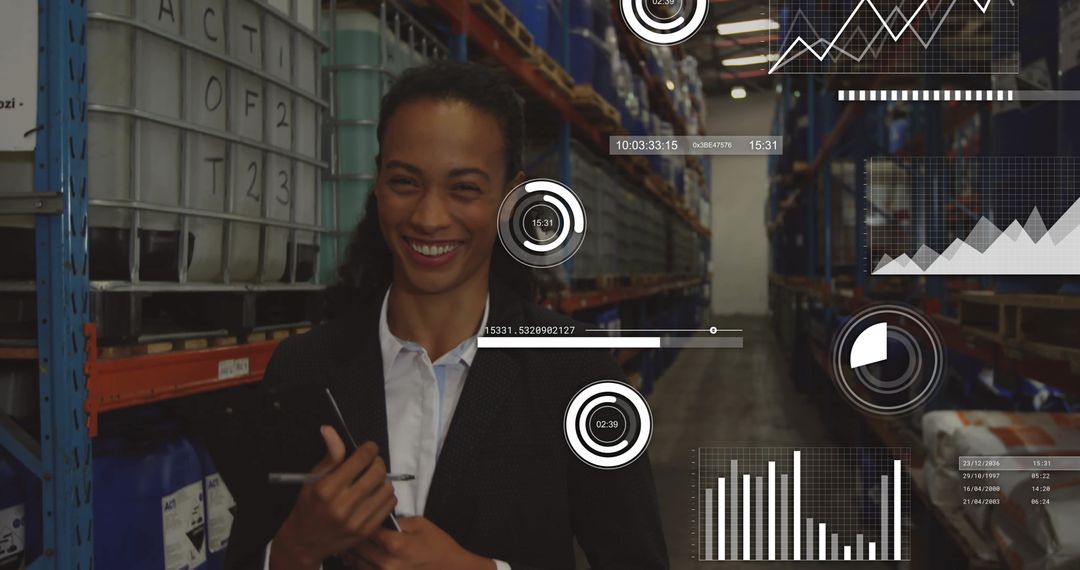 Smiling Warehouse Worker Analyzing Data with Digital Interfaces