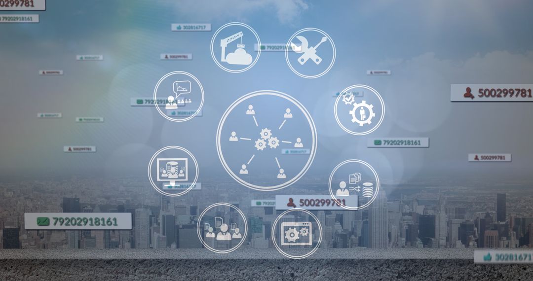 Global Business and Digital Interface Concepts Overlaying Cityscape