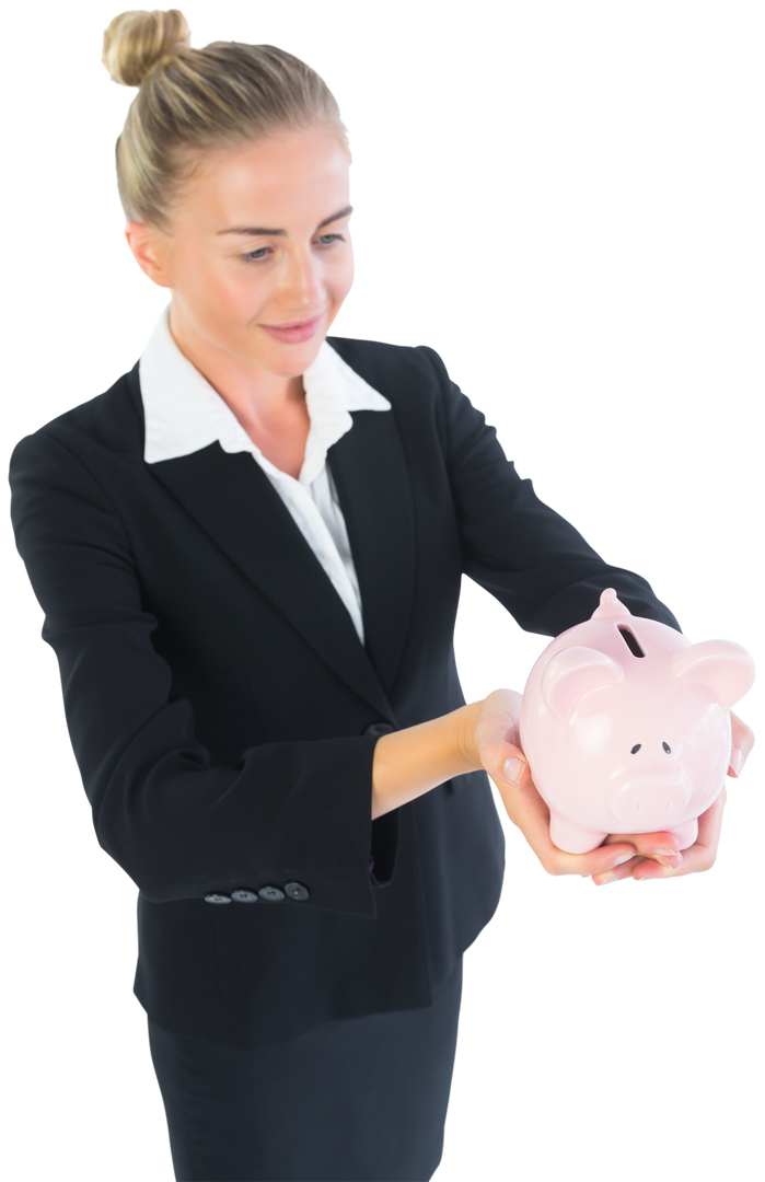 Blonde Businesswoman Holding Transparent Piggy Bank Savings - Download Free Stock Images Pikwizard.com