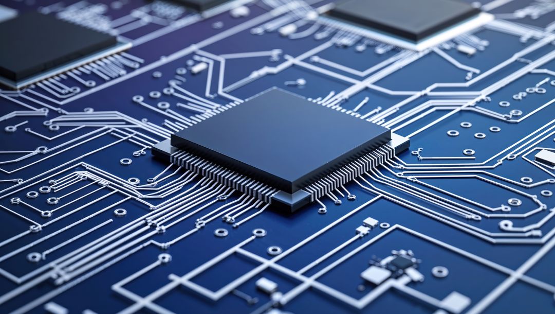 Central Microprocessor Chip on Blue Circuit Board Design