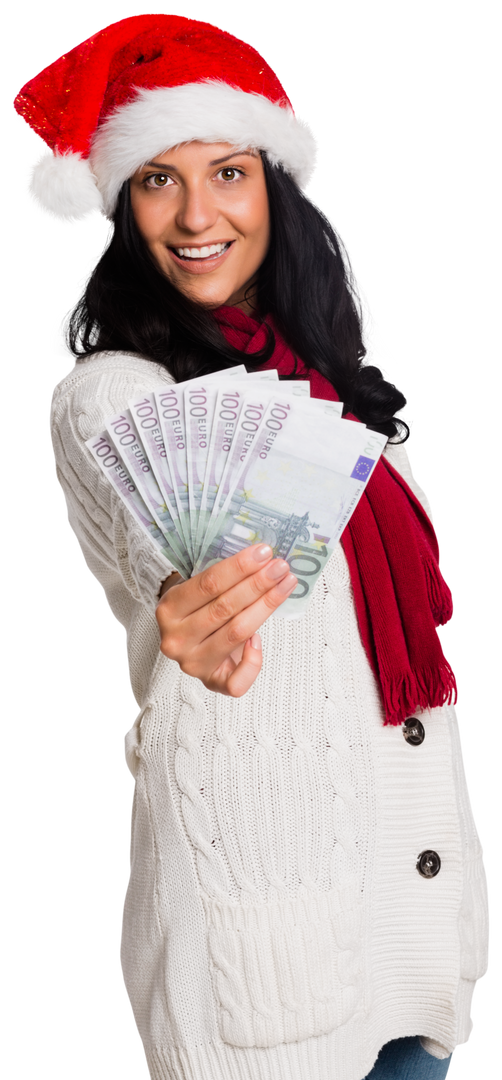 Smiling Woman in Santa Hat Holding Euro Banknotes Transparent Background - Download Free Stock Images Pikwizard.com