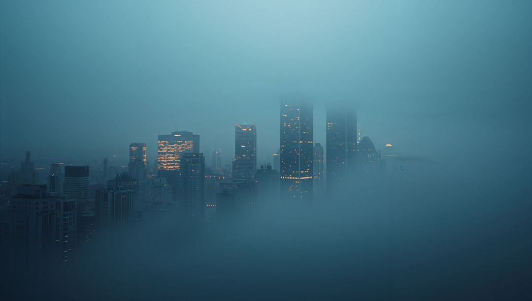 Misty Skyline with Illuminated Buildings at Dusk