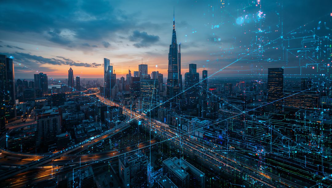 Futuristic City Skyline with Digital Circuit Overlay at Dusk