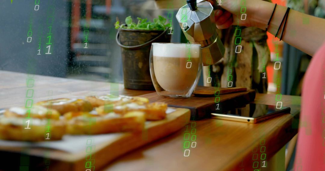 Pouring Latte with Avocado Toast and Binary Code Overlay for Rustic Tech Cafe Lifestyle