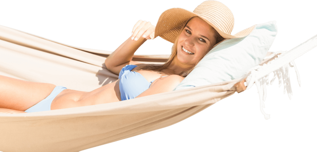 Caucasian Woman Relaxing in Hammock on Transparent Background