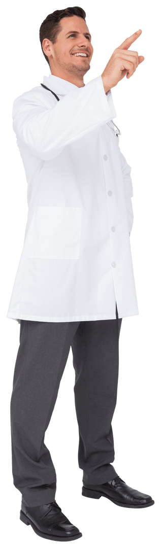 Smiling Caucasian Male Doctor Pointing on Transparent Background