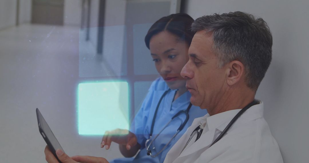 Doctors Collaborating on Tablet in Clinic Hallway