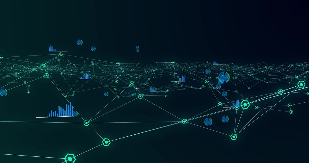 Digital Green Hexagon Network with Data Motion on Black Background