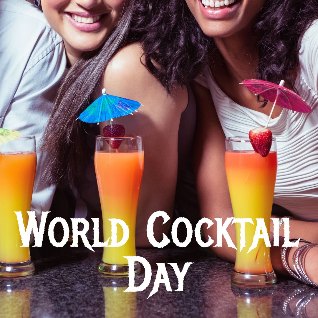 Joyful Friends Celebrating World Cocktail Day with Colorful Drinks