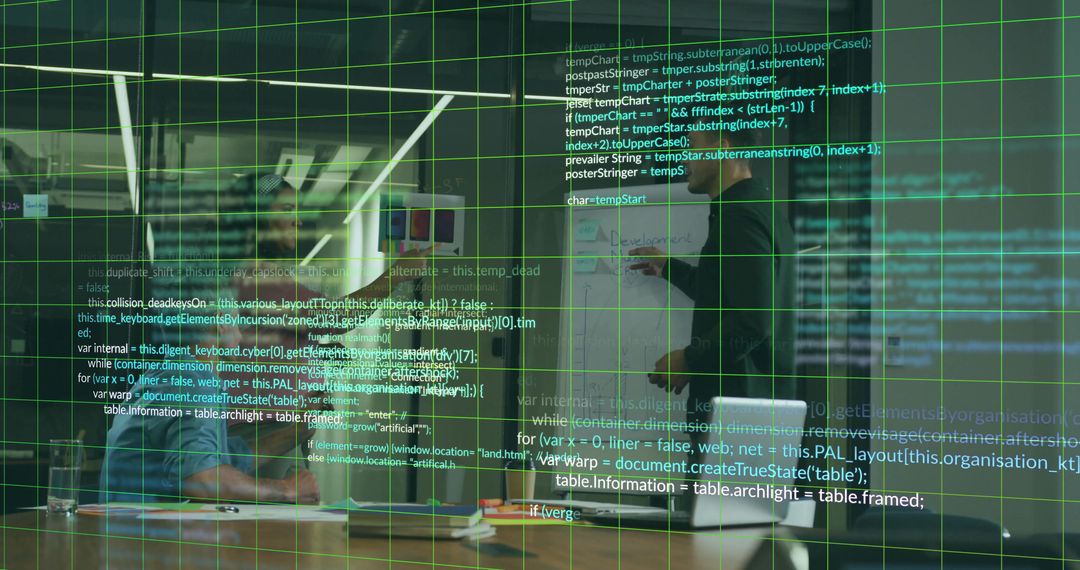 Developers Analyzing Code with Digital Overlay in Modern Office