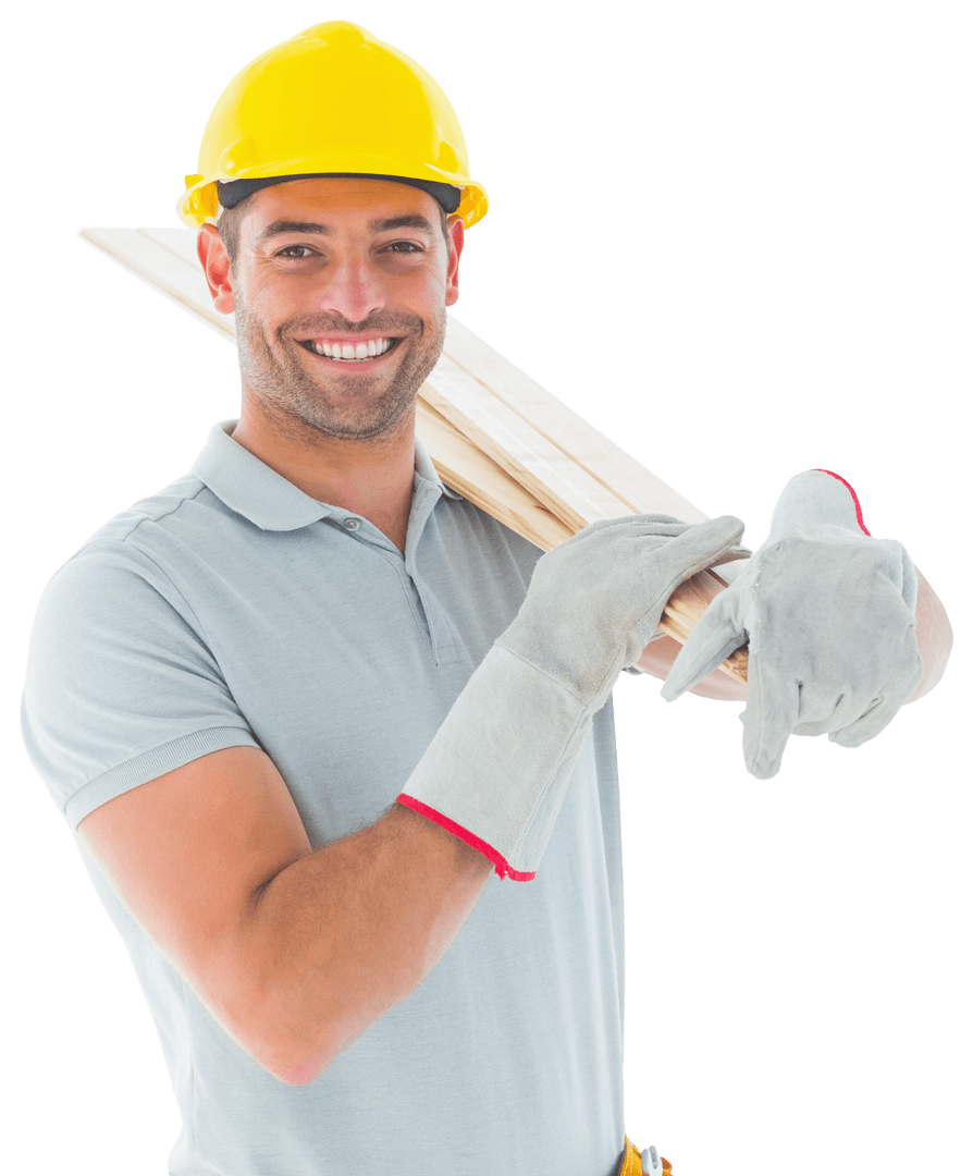 Happy Construction Worker Holding Planks on Transparent Background