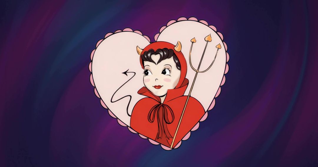 Cute Devil Character in Red Cloak with Pitchfork