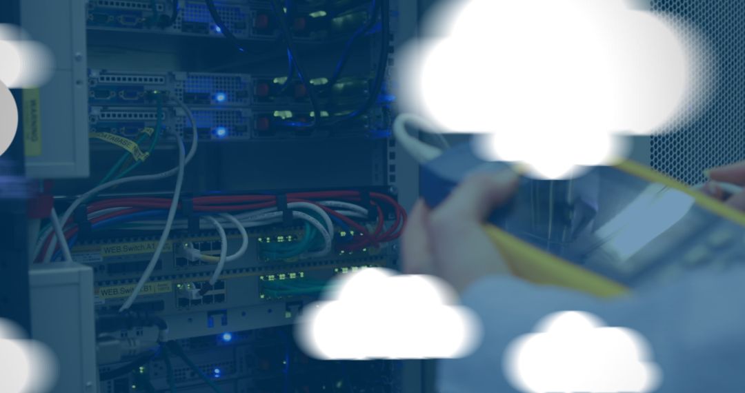 Female Technician Inspecting Server Room with Cloud Graphics Overlay