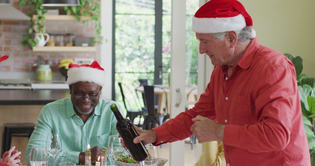 Elderly Men Enjoying Christmas Dinner with Wine in Festive Hats - Free Images, Stock Photos and Pictures on Pikwizard.com