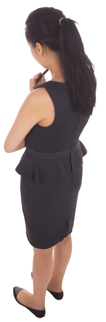 Contemplative Businesswoman with Pen on Transparent Background