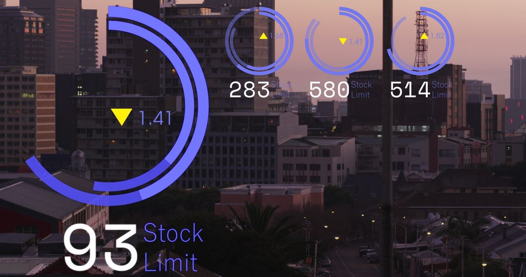 Stock Market Data Overlaid on Modern Cityscape at Dusk