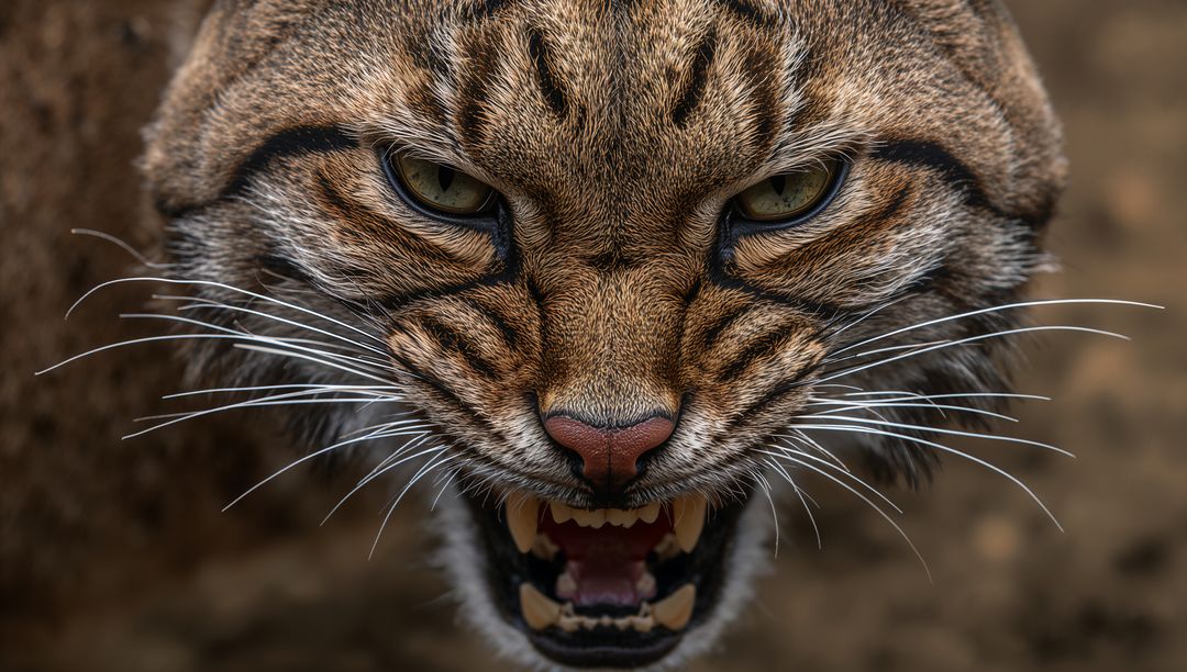 Snarling Wild Cat Close-Up Showing Bared Teeth and Intense Green Eyes