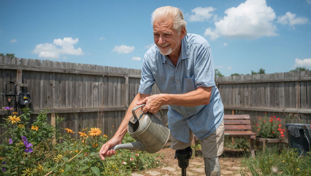 Man with Prosthetic Leg Enjoying Gardening in Sunlit Backyard