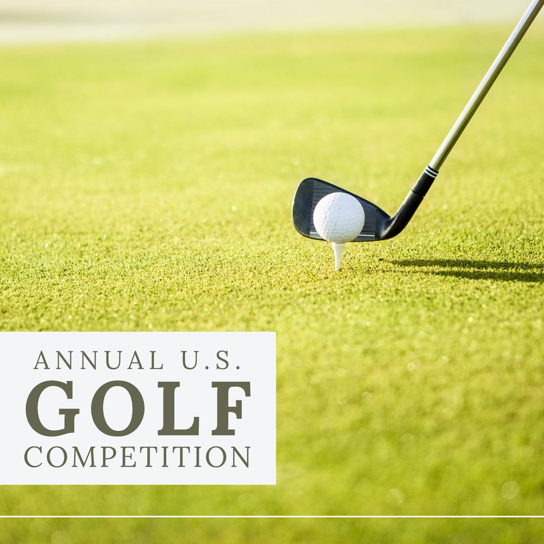 Golf Club Striking Ball on Green with Tournament Text Overlay