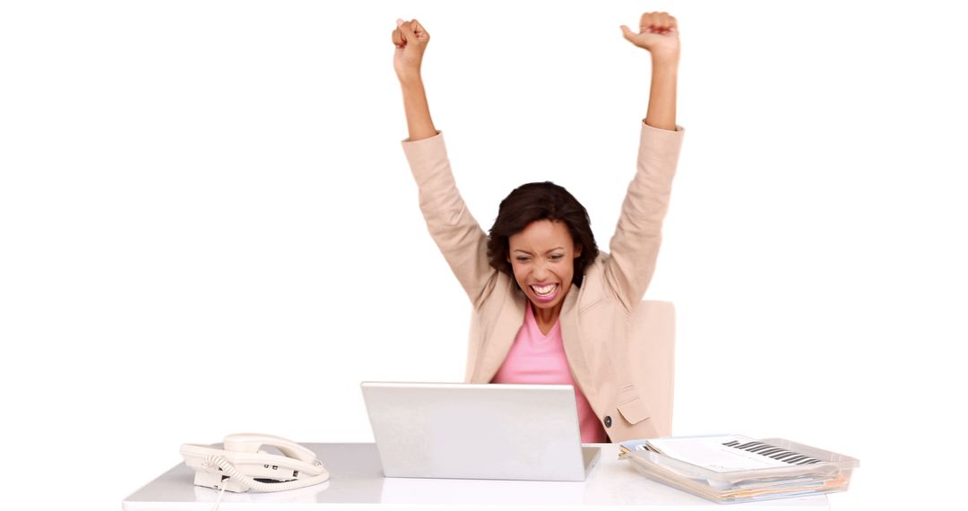 Excited Businesswoman Celebrating Success at Work - Free Images, Stock Photos and Pictures on Pikwizard.com