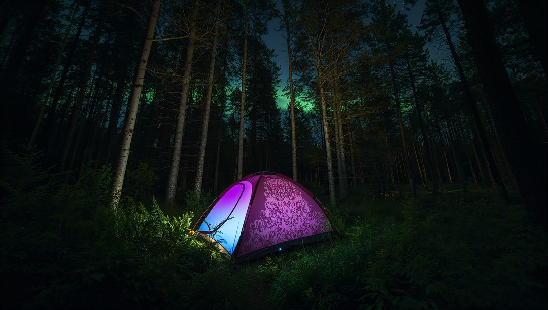 Glowing Patterned Dome Tent in Night Pine Forest with Northern Lights and LED Magenta Glow