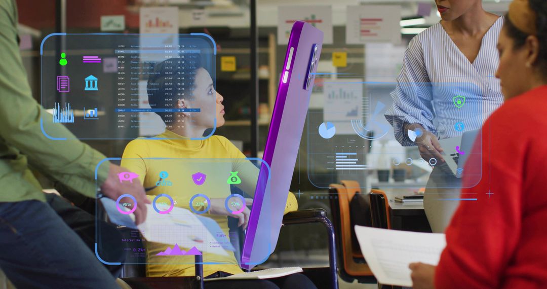 Innovative Collaboration with Futuristic Data Visualization in Modern Office