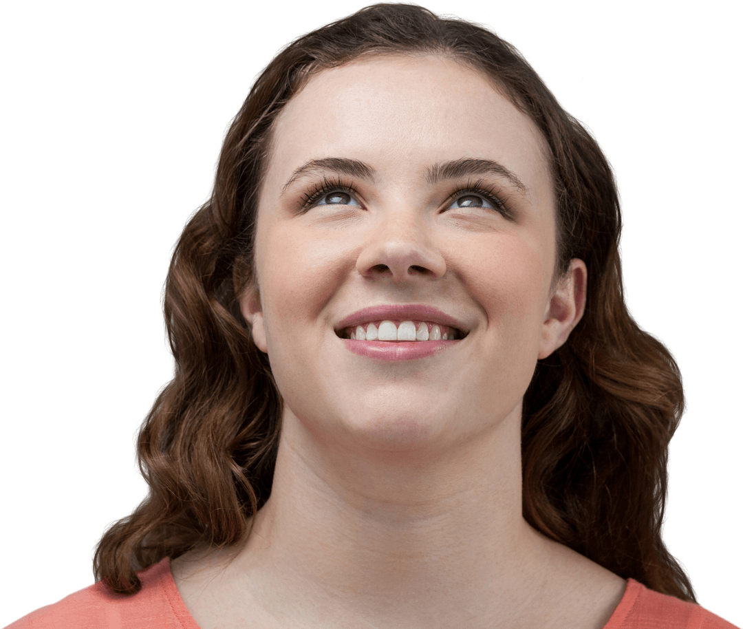 Happy Woman Smiling While Gazing Upward on Transparent Background