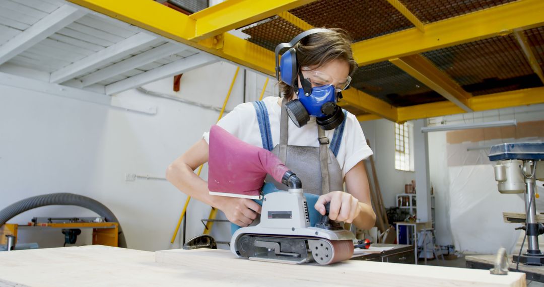 Woman woodworking at workshop using electric sander - Free Images, Stock Photos and Pictures on Pikwizard.com