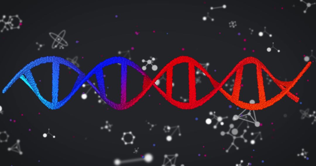 Colorful DNA Strand on Dark Background with Molecules