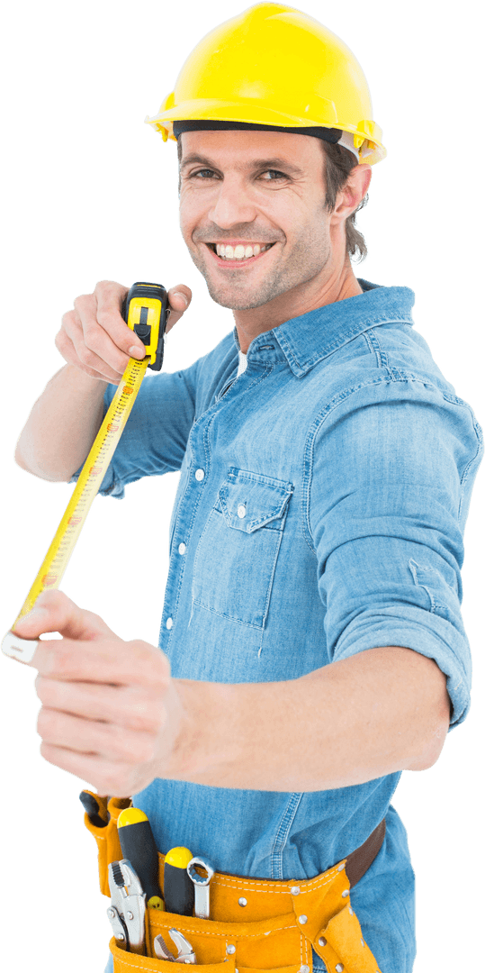 Smiling Architect Holding Tape Measure in Transparent Background