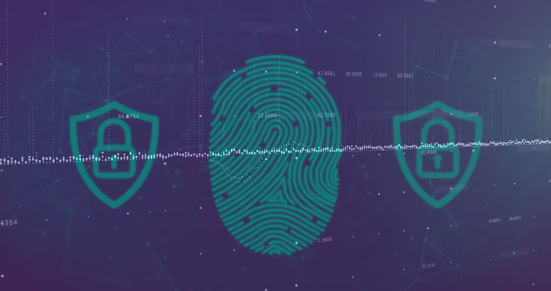 Digital Fingerprint and Cyber Security Lock Icons on Purple Background