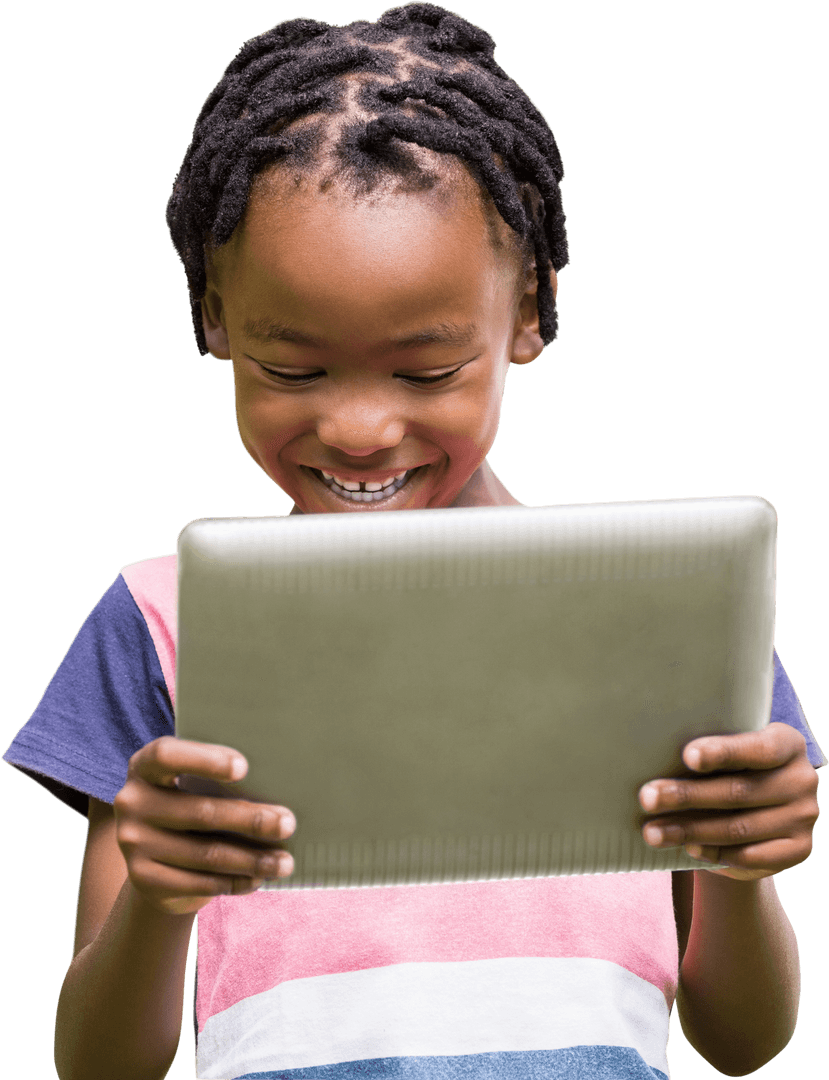 Joyful Child Interacting with Digital Tablet on Transparent Background