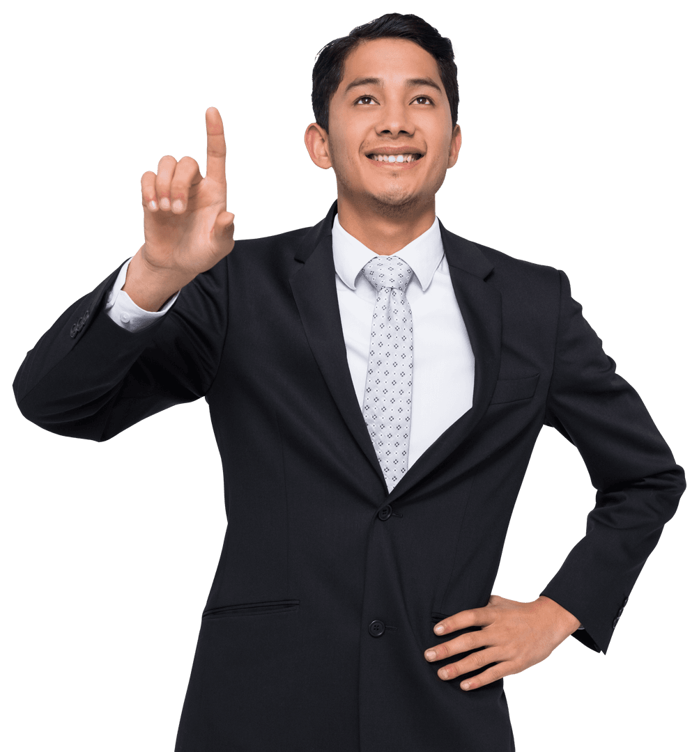 Businessman Pointing Upward in Confident Pose on Transparent Background
