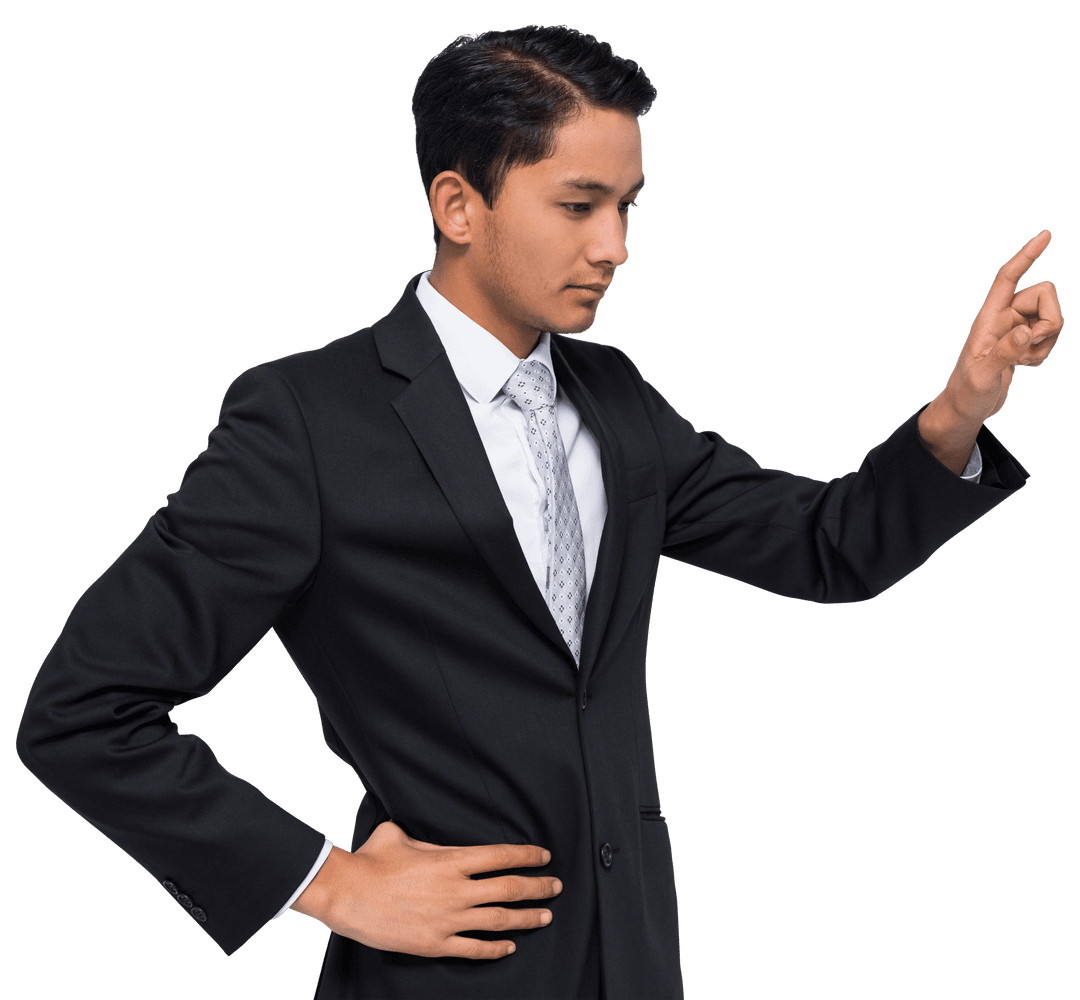 Asian Businessman with Index Finger on Transparent Background