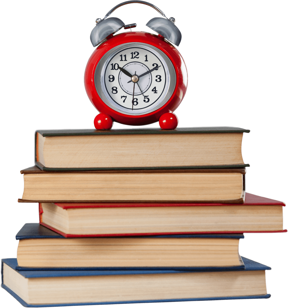 Retro Red Alarm Clock on Stack of Hardcover Books Transparent