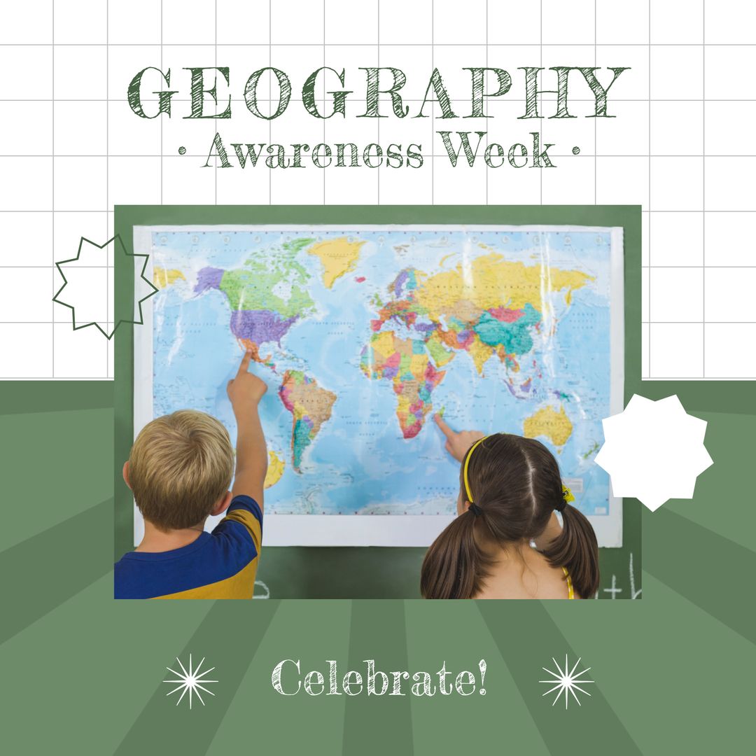 Kids Exploring World Map for Geography Awareness Week Celebration