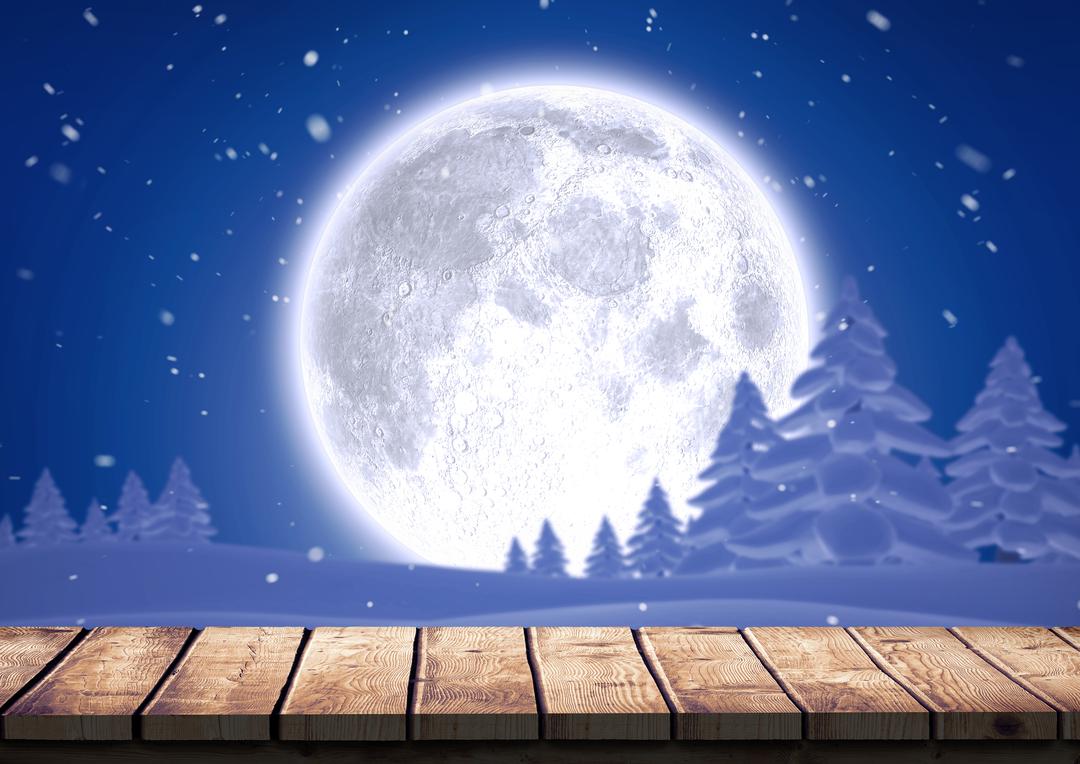 Wooden plank against snow forest and full moon - Free Images, Stock Photos and Pictures on Pikwizard.com