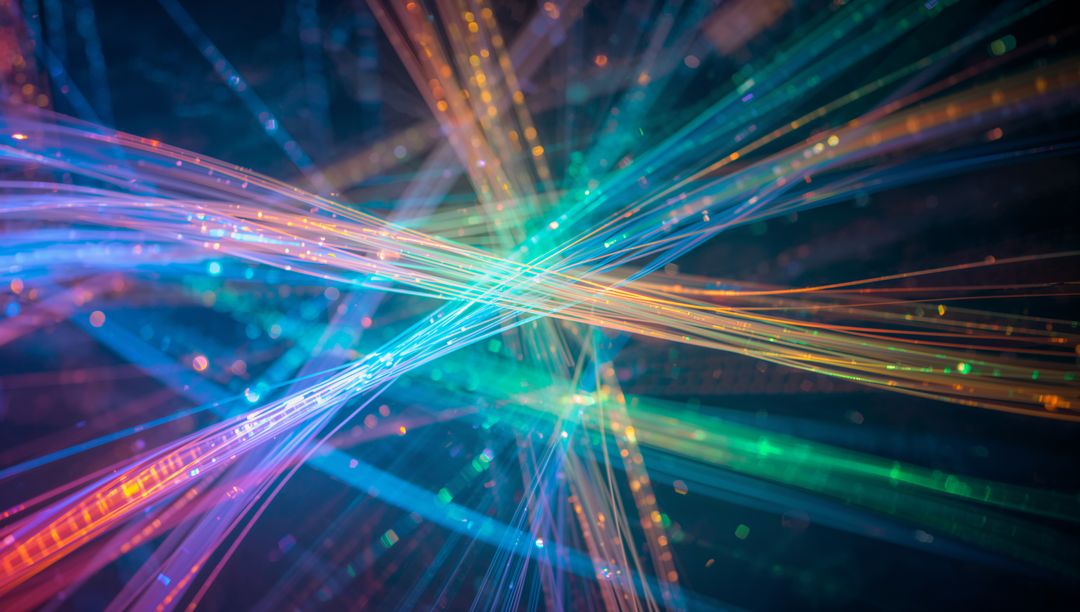 Luminescent Fiber Optic Crossroads — Neon Strands Converging in Vivid Prism Light