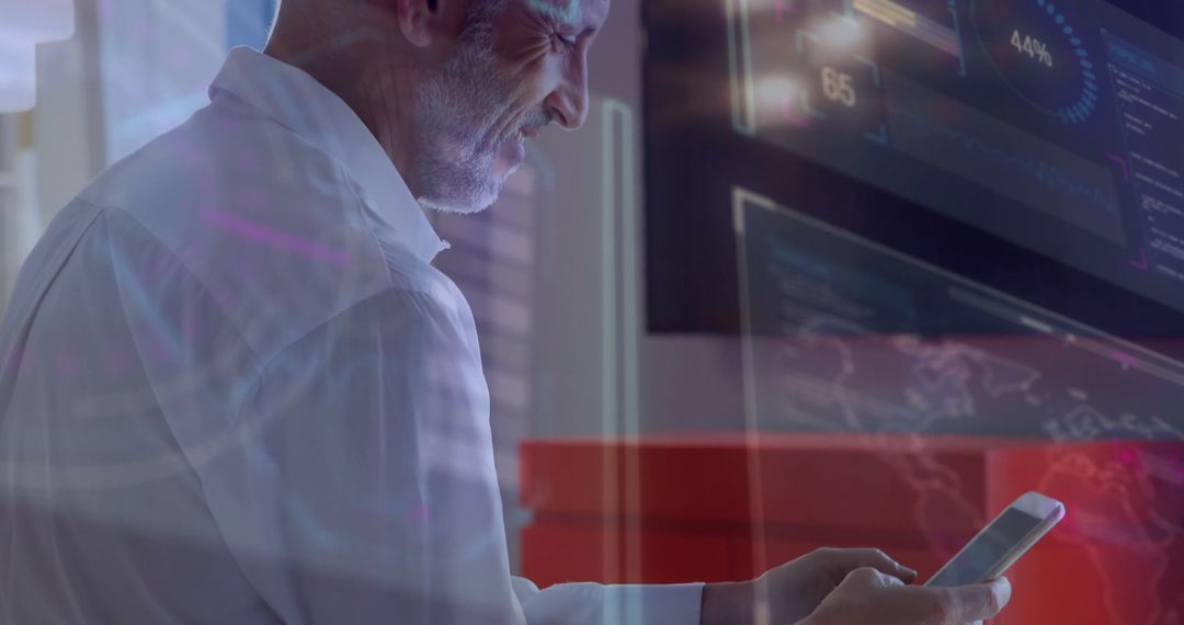 Professional Using Smartphone with Digital Analytics Overlay