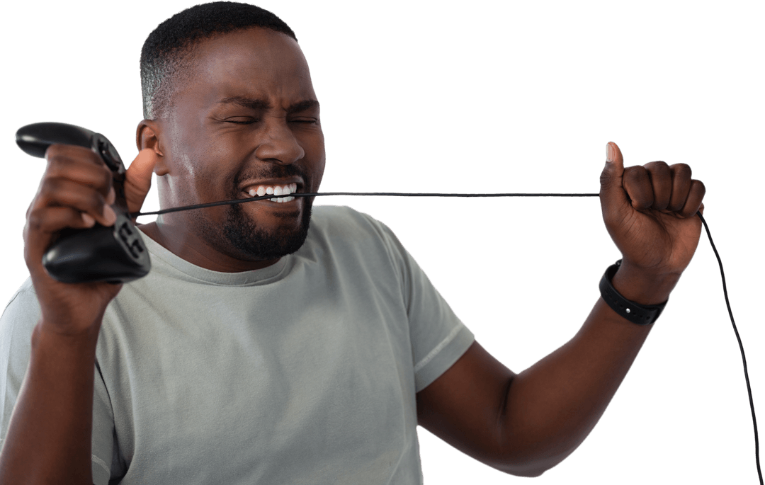 Frustrated African American Gamer Biting Joystick Wire Transparent Background