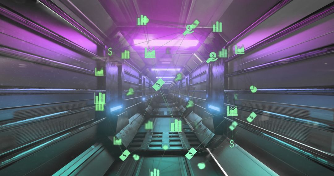 Futuristic Financial Data Icons in High-Tech Tunnel