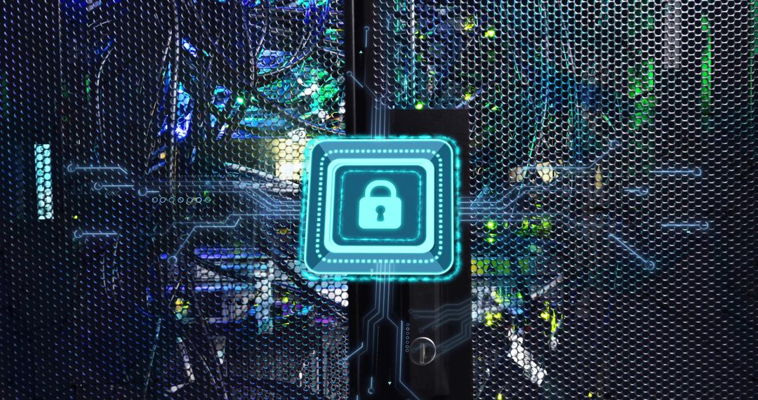 Digital Padlock Overlay on Server Racks for Cybersecurity