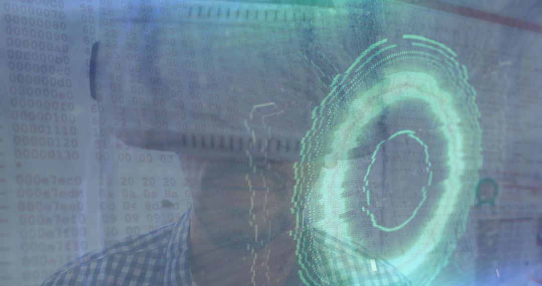 Man Using VR Headset with Digital Code and Data Projection