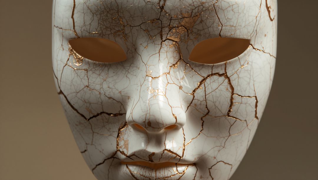 Porcelain Mask Showing Gold Kintsugi Veins Close-up, Symbolizing Fragile Beauty