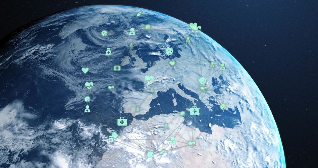 Earth with Digital Global Network Icons Linking Nodes