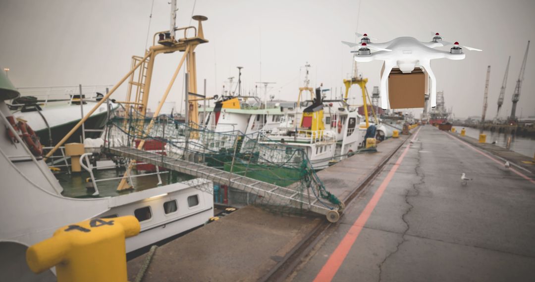 Drone Delivery of Package to Busy Port with Ships