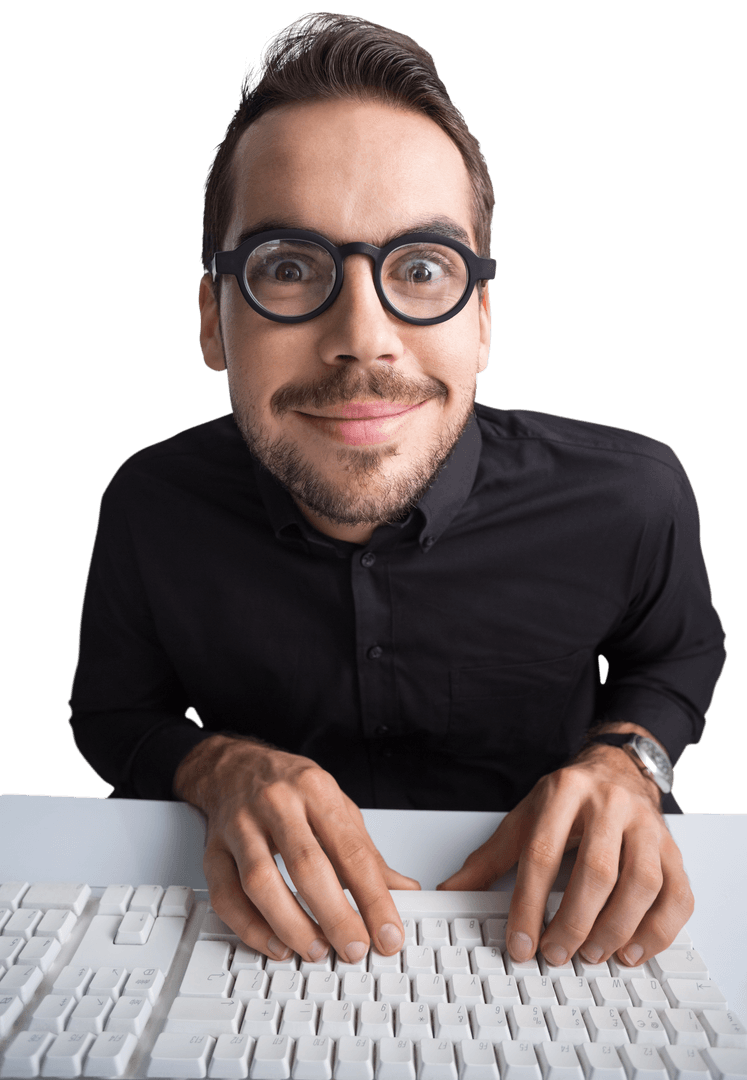 Excited Businessman with Glasses Typing on Transparent Keyboard