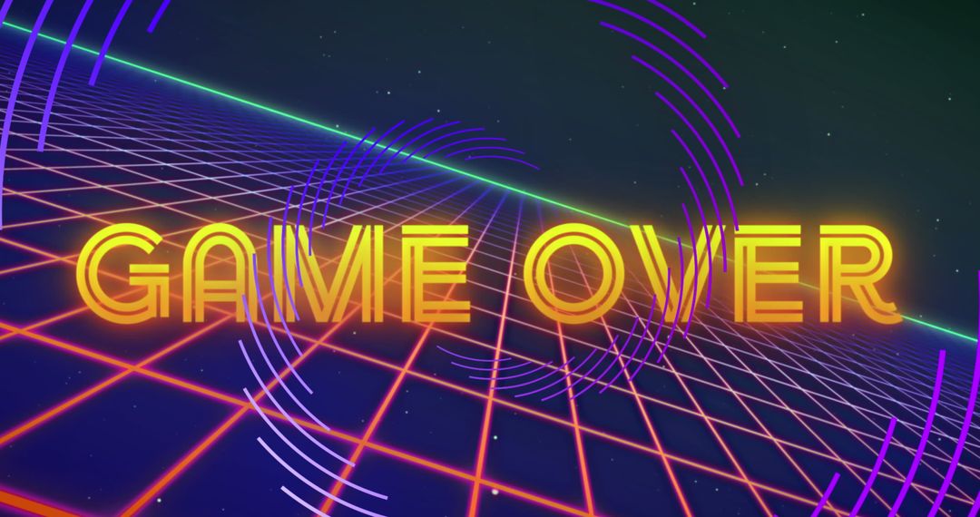 Retro Neon Game Over Sign with Abstract Grid Background